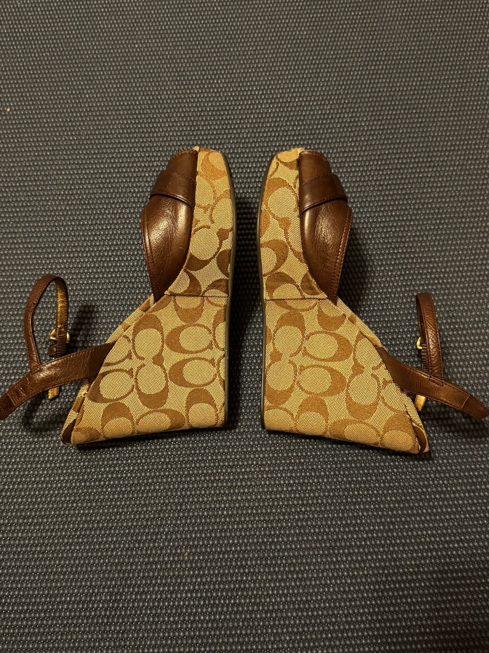 Coach Monogram Canvas Wedge Sandals in Brown and Tan